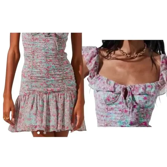 Anthropologie ASTR the Label S Floral Ruched Ruffle Mini Dress Milkmaid Coquette - Picture 2 of 12